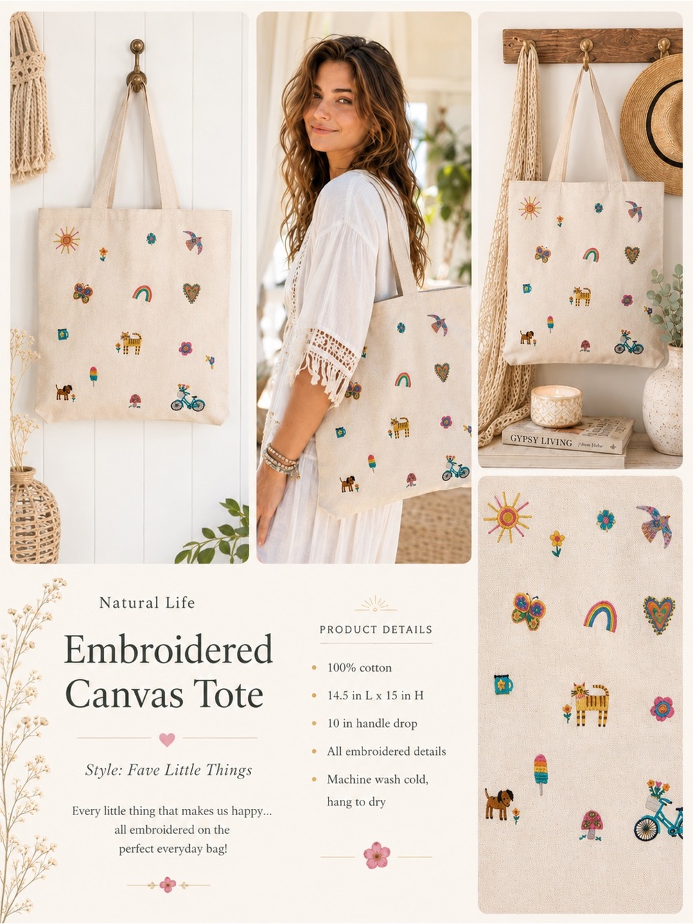 NWT NATURAL LIFE Cream Embroidered Canvas Tote with Colorful Motifs